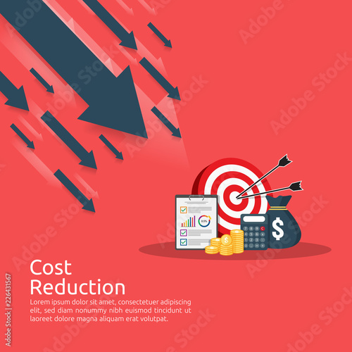 business finance crisis concept. stack pile coins and money bag icon. arrow decrease economy stretching rising drop. lost bankrupt declining. cost reduction. loss of income. vector illustration