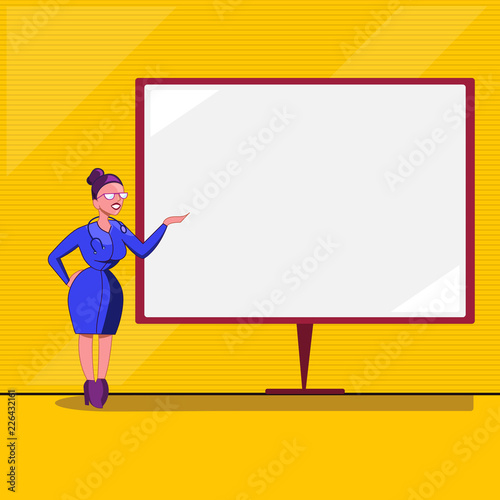 Flat design business Vector Illustration concept Empty copy space modern abstract background Geometric element. Female Doctor with Stethoscope Standing Hand Presenting Blank Whiteboard