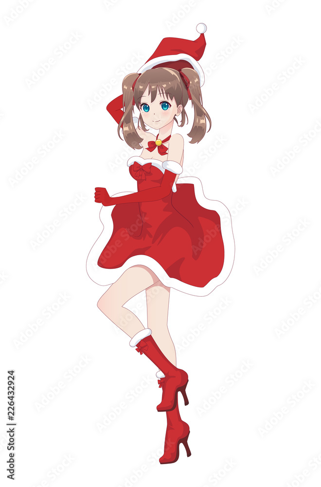 Anime manga girl dressed in Santa Claus costume