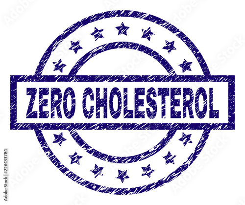 ZERO CHOLESTEROL seal print with dirty effect. Designed with rectangle, circles and stars. Blue vector rubber print of ZERO CHOLESTEROL tag with dirty texture.