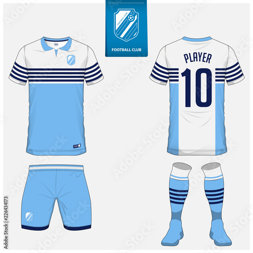 Soccer jersey or football kit, shorts, sock template design for sport club. Football t-shirt mock up. Front and back view soccer uniform. Flat football logo design on blue label. Vector Illustration.