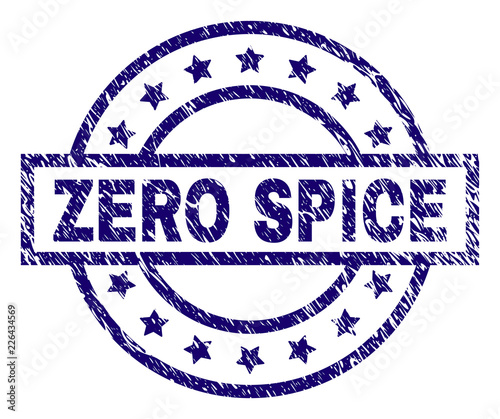 ZERO SPICE seal stamp with dirty texture. Designed with rectangle, circles and stars. Blue vector rubber print of ZERO SPICE text with dirty texture.
