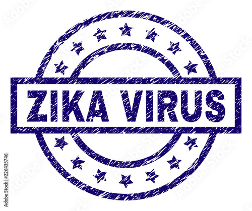 ZIKA VIRUS seal stamp with dirty texture. Designed with rectangle, circles and stars. Blue vector rubber print of ZIKA VIRUS title with dirty texture.
