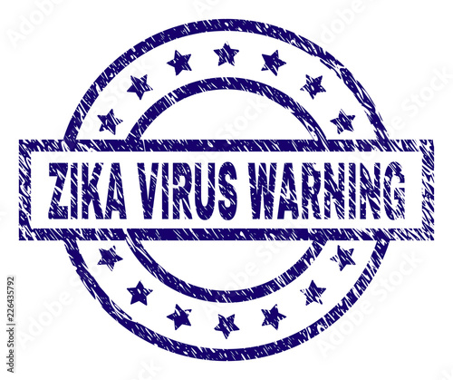 ZIKA VIRUS WARNING seal imprint with dirty texture. Designed with rectangle, circles and stars. Blue vector rubber print of ZIKA VIRUS WARNING tag with dirty texture.
