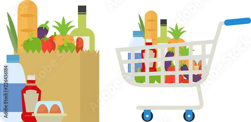 Vector illustration of paper bag with food and drink in the market . Shopping cart full of food, drink and fruit inside