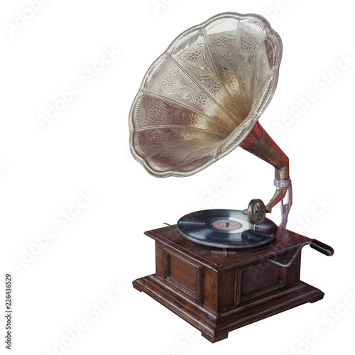 Fototapeta side view antique brass and wooden gramaphone on white background,copy space