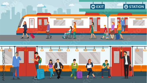 Set of people in train station. Train station situation in the morning