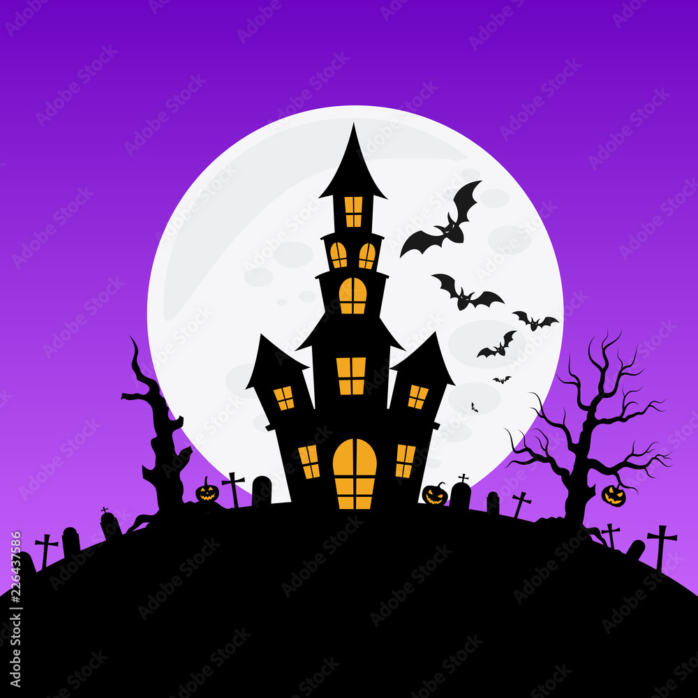 Halloween haunted house and full moon with ghost,horror night background.Vector illustration