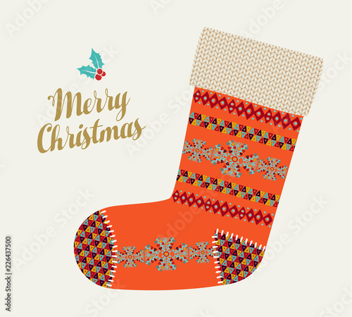 Merry Christmas holiday card of red winter sock
