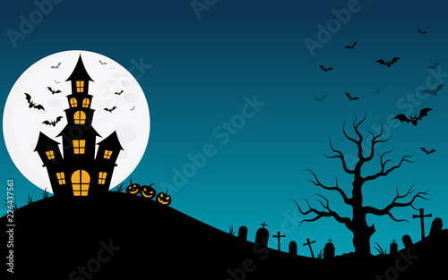 Halloween haunted house and full moon with ghost,horror night background.Vector illustration