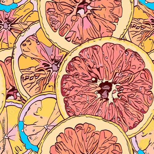 Vivid seamless pattern of ripe citrus fruits. Pieces of lemon and grapefruit lined with abstract pattern. Hand drawn sketch. Vector illustration.