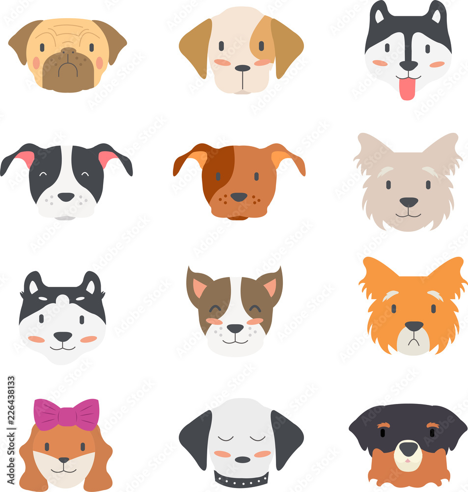 Vector illustration of collection cute dog head with many face