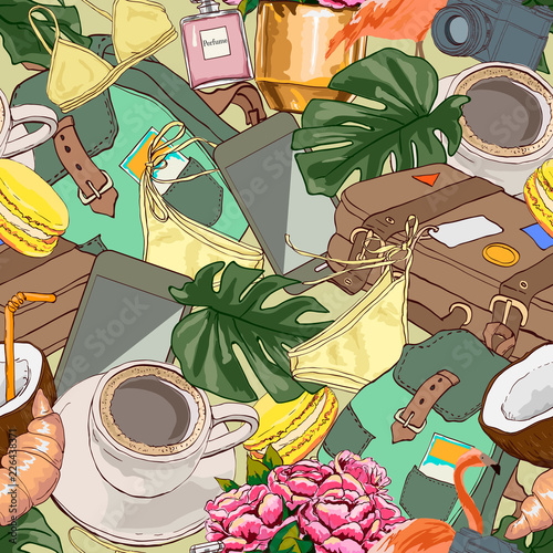Seamless pattern with randomly scattered things. Concept travel. Hand drawn vector illustration. Template for textile print and wrapping paper.
