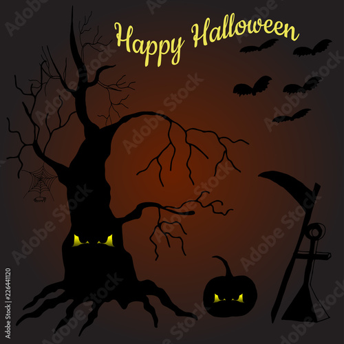 Vector illustration of a halloween red background of an ominous tree