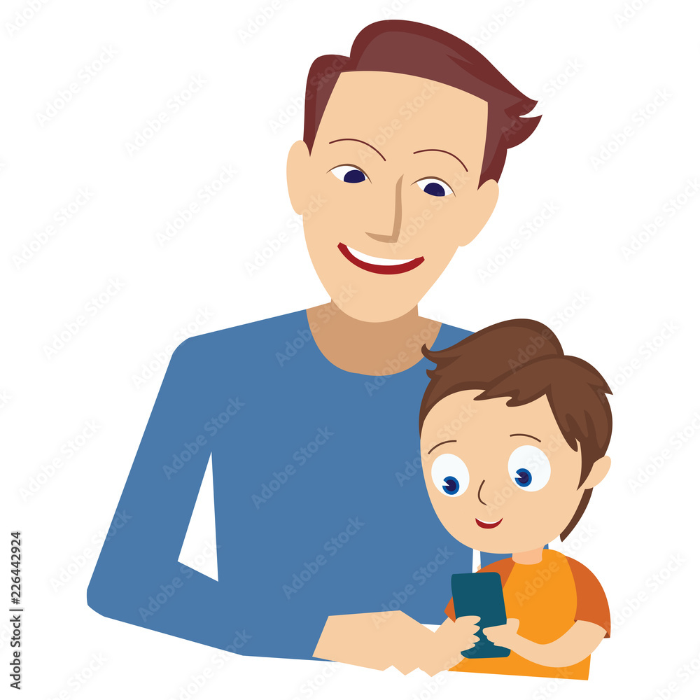 Dad teaching his child how to use smart phone Dad teaching his child how to use smart phone