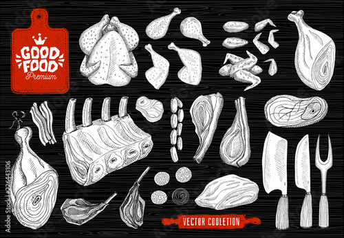 Good food premium market logo design, butcher shop, meat vector collection. Butcher house products, food shop. axe, cutting board, knife, fork, rolling pin. Hand drawn vector illustration.
