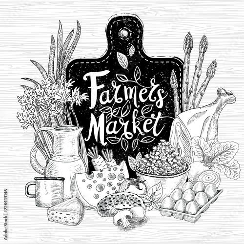 Farmers market logo design healthy food shop. Vegetables, fruits, meat, milk, eggs, bread. Organic food set. Good nutrition. Hand drawn vector illustration.