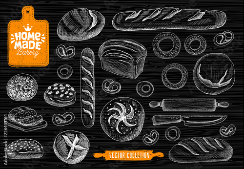 Home made bakery logo, baking, bread vector collection. Bakery house logo design, food shop. bread, baguette, bagels home baking, cutting board, knife, rolling pin. Hand drawn vector illustration.