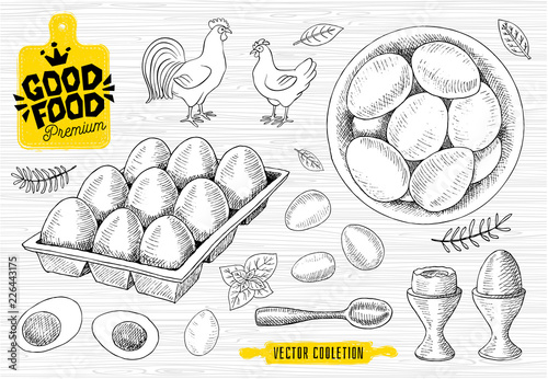 Set of eggs plate, han cock, egg tray. Raw eggs, breakfast spoon, sketch style, white background. Good food premium market, logo design, shop. Hand drawn vector illustration.
