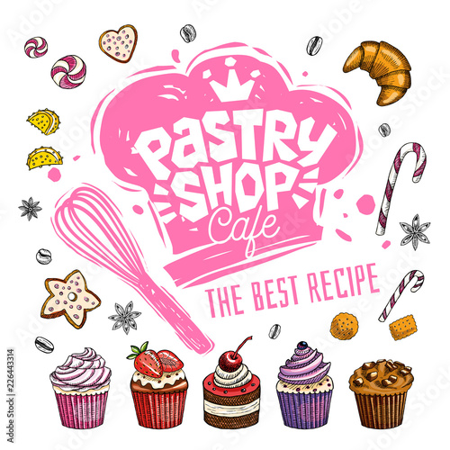 Pastry shop cafe logo design label  emblem. Lettering  sweets  pastry  croissant  candy  cookie colorful  splash  coffee beans  doodle  yummy. Hand drawn vector illustration.