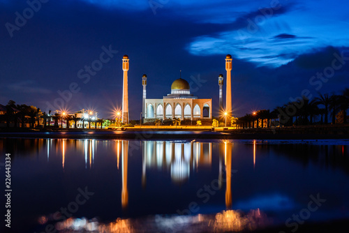 Central mosque with reflection at dusk, Songkhla, Thailand
