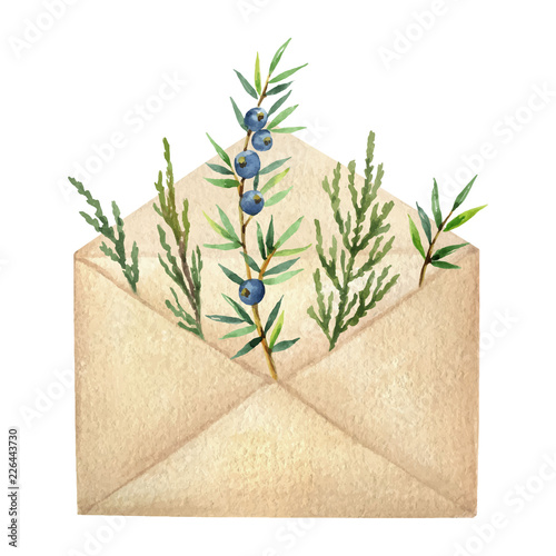 Watercolor vector postal envelope with green spruce branches and juniper.