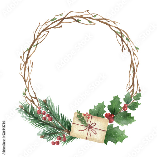Watercolor vector Christmas wreath with green fir branches and gift.