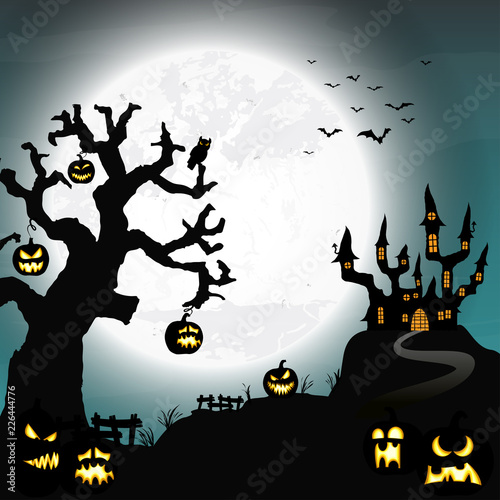 Halloween castle and dead tree in front of an full moon