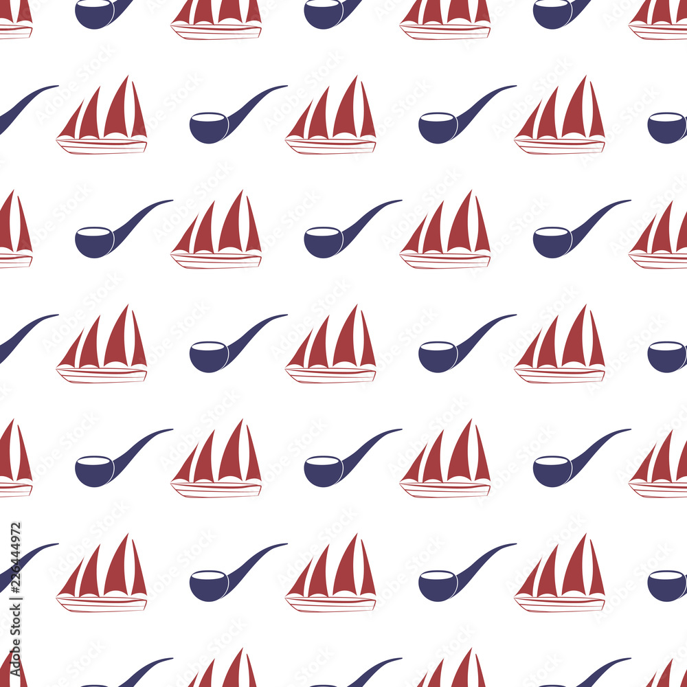 Obraz premium Nautical seamless pattern with ship and tobacco pipe.
