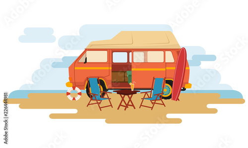 	 Camper Van caravan sit on the park with chair