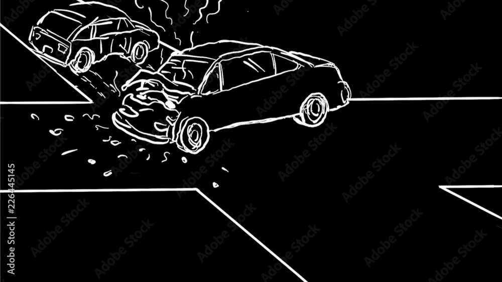 2d Animation motion graphics showing a drawing of two cars at crossroad intersection in car crash collission  on white and green screen with alpha matte in HD high definition.