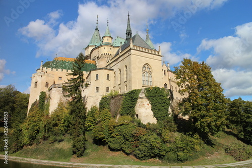 View to romantic Bojnice castle with garden in Bojnice, Slovakia