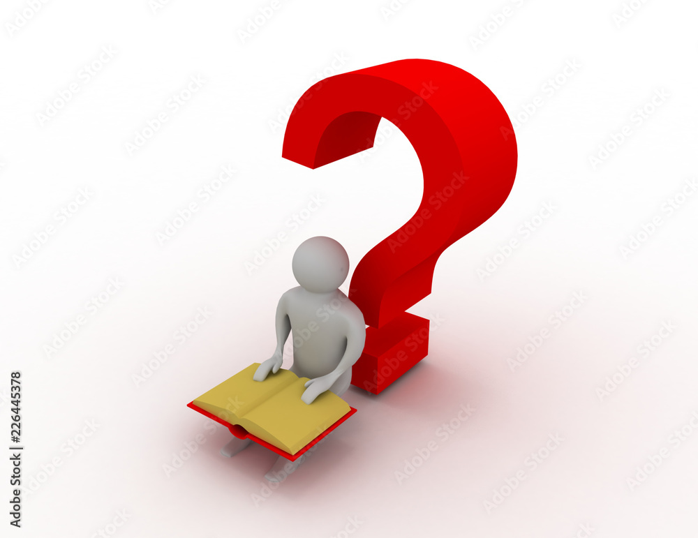 3d man with book and question sign 3d man with book and question sign