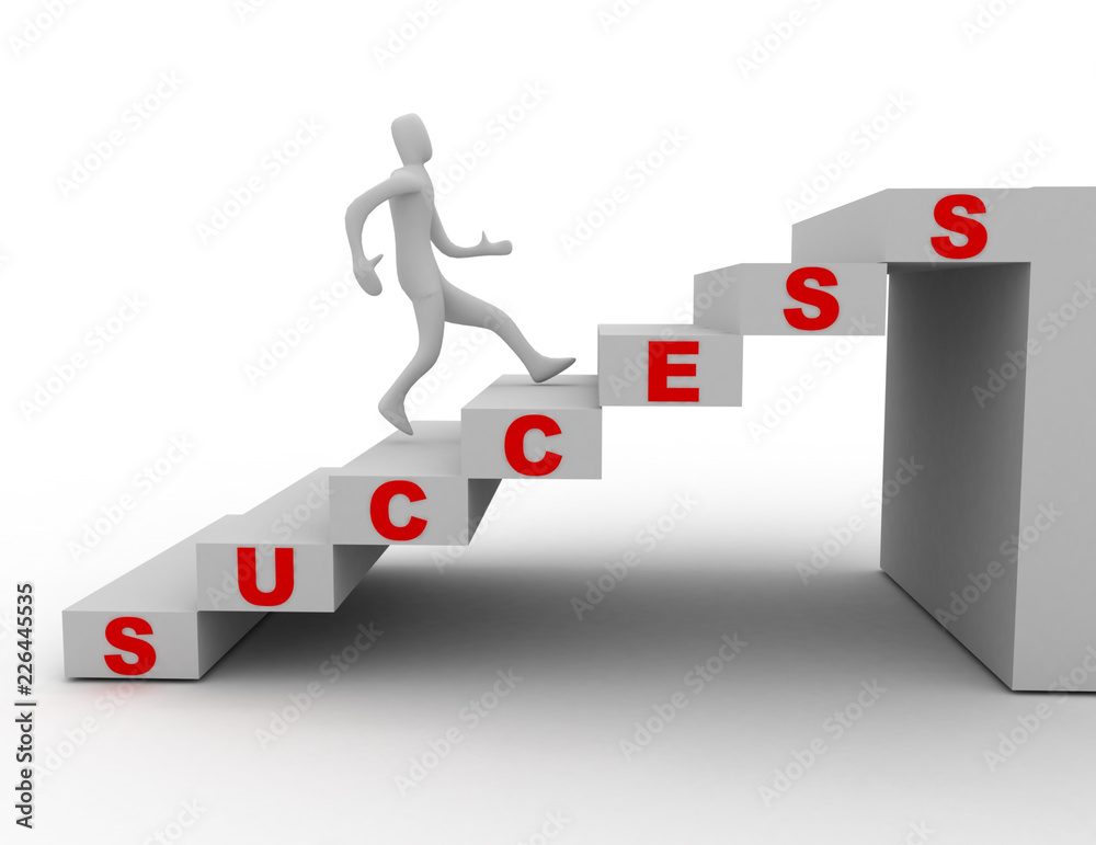 3d man climbing stairs and word success