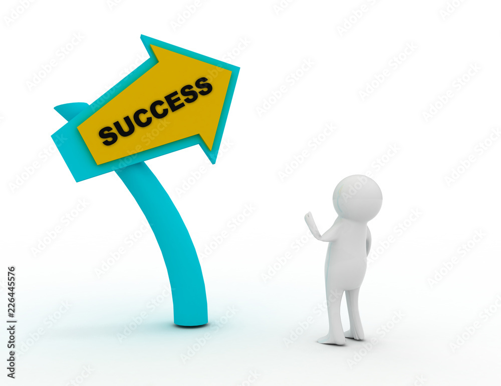 3d man with direction sign and word success 3d man with direction sign and word success