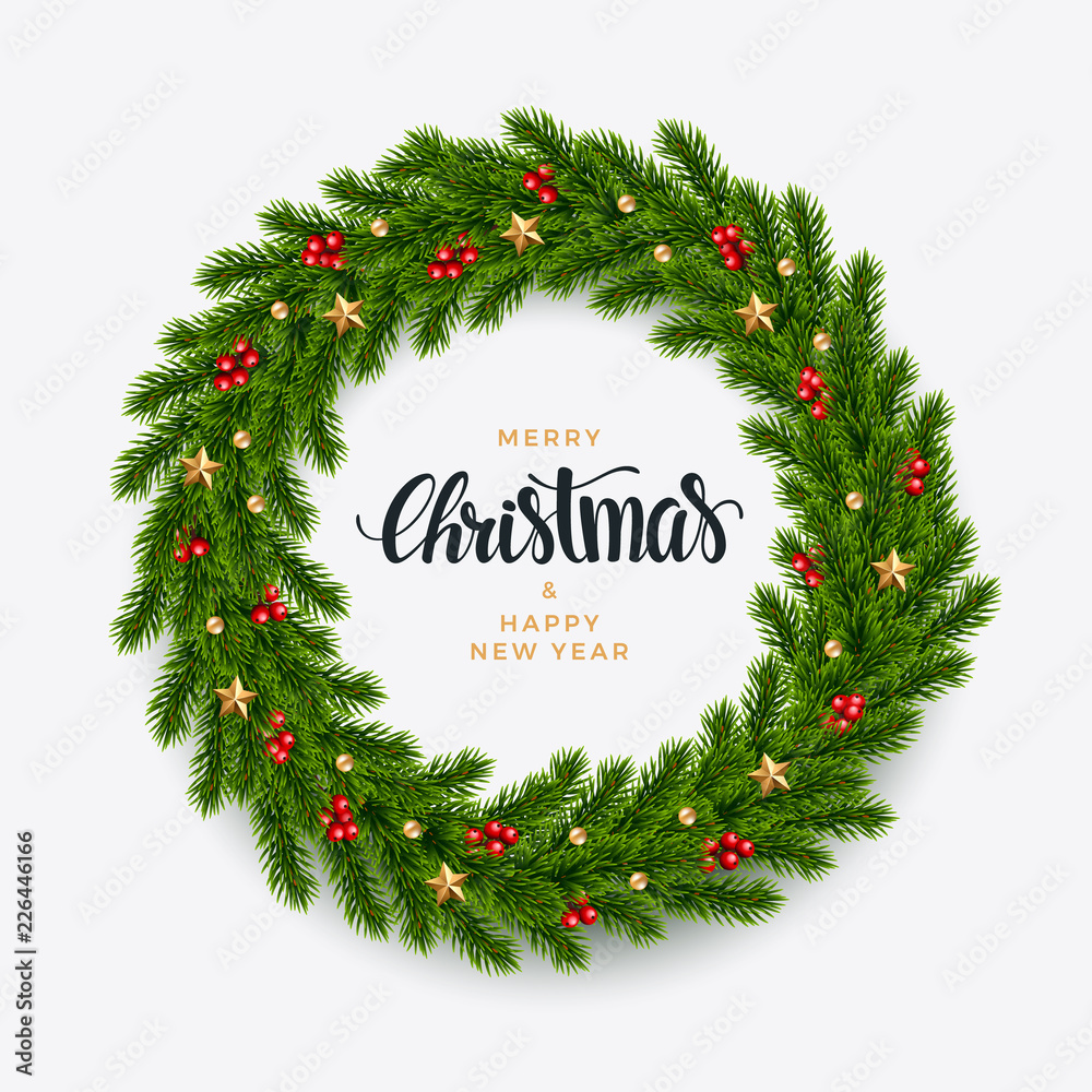 Christmas fir wreath background, realistic look, with berries, star and ...