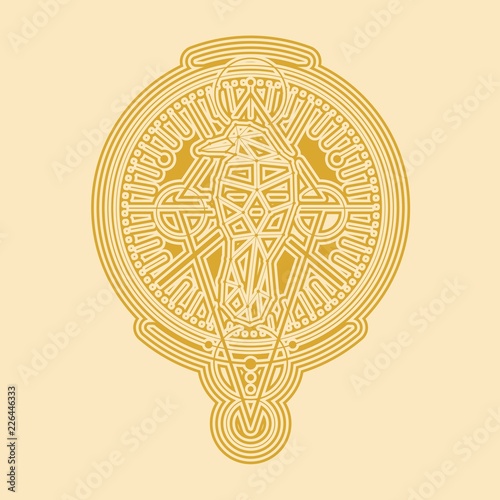 Mystical geometry symbol. Linear alchemy, occult, philosophical sign. Low poly raven. For music album cover, poster, sacramental design. Astrology and religion concept.