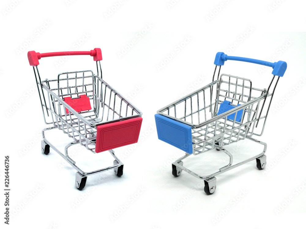 red and biue shopping cart isolated on white background red and biue shopping cart isolated on white background