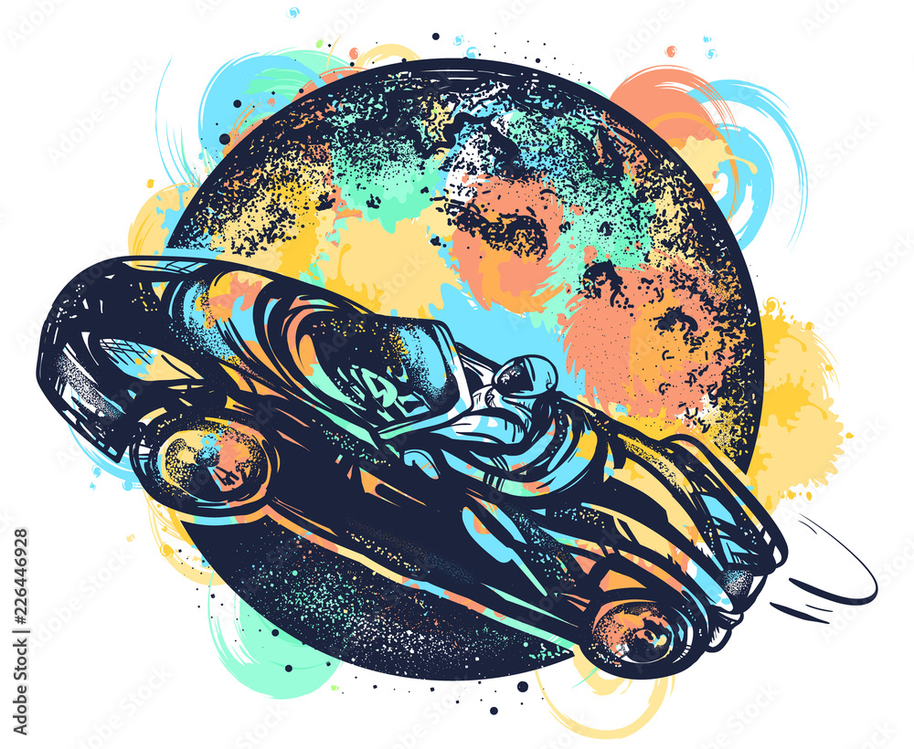Obraz Astronaut drives car through Universe watercolor splashes style, car in space tattoo and t-shirt design. Symbol of science, travel to Mars, future technologies, dream, imagination
