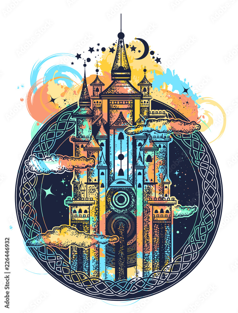 Medieval castle tattoo watercolor splashes style. Symbol of the fairy tale,  dream, magic. Medieval castle t-shirt design Stock Vector | Adobe Stock