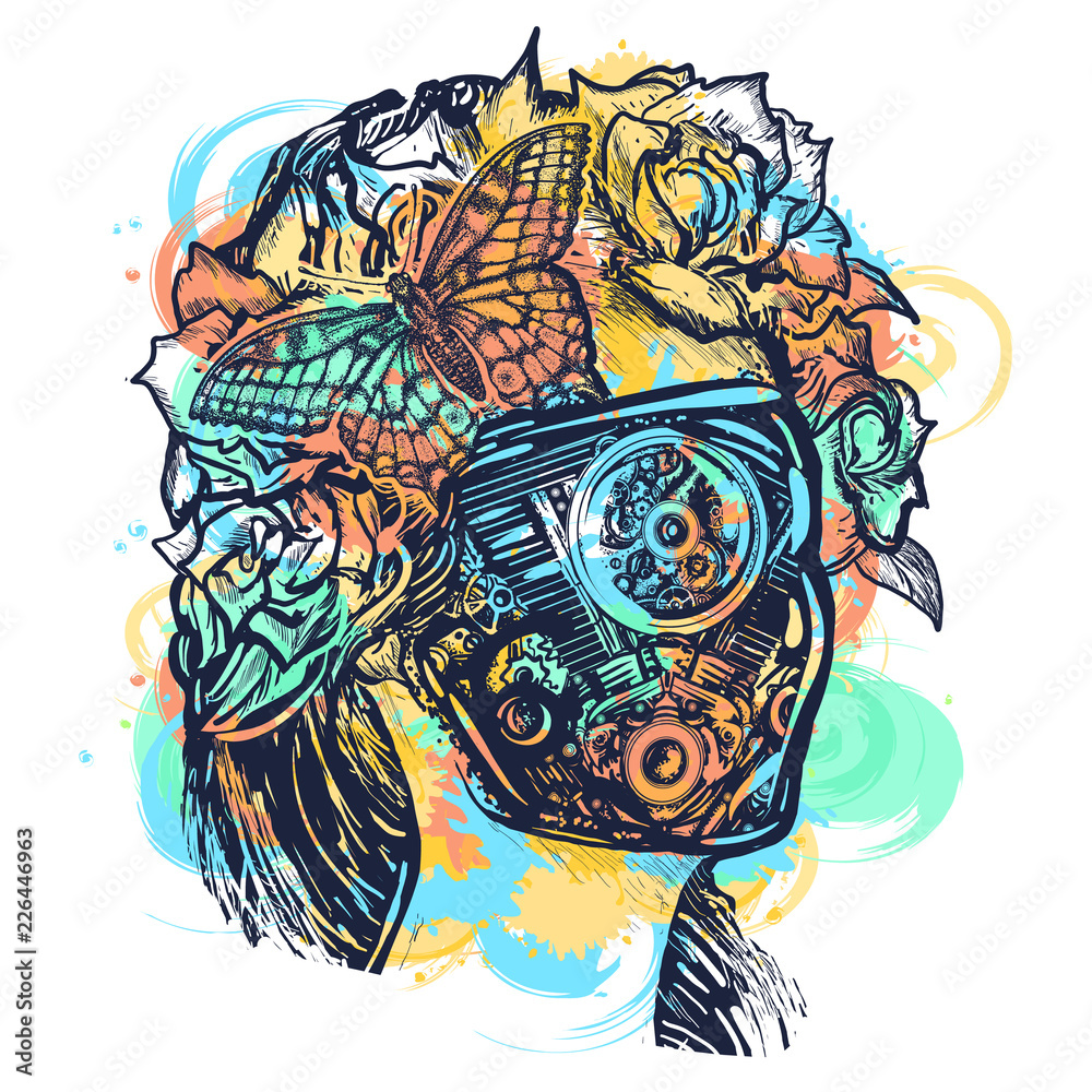 Robot woman tattoo and t-shirt design watercolor splashes style. Symbol of artificial intelligence, future, girl cyborg. Cyberpunk art Robot woman tattoo and t-shirt design watercolor splashes style. Symbol of artificial intelligence, future, girl cyborg. Cyberpunk art