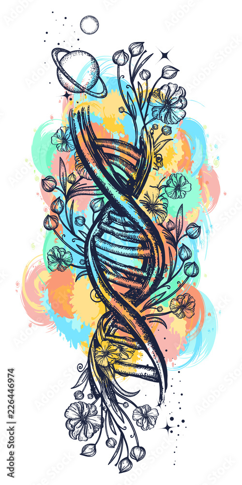 DNA chain and art nouveau flowers tattoo watercolor splashes style. Symbol of art, science, knowledge, medicine, evolutions, lives and death t-shirt design