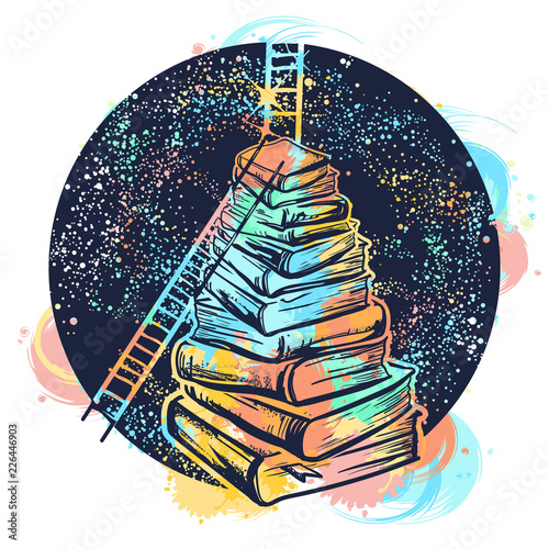 Ladders on stack of books tattoo watercolor splashes style. Symbol of education, science, knowledge, studying, dreams t-shirt design