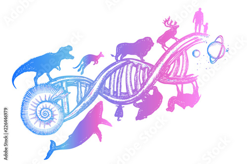 Evolution tattoo.  Symbol of science, education, medical technologies. People and animals on DNA chains, surreal t-shirt design. DNA concept. Evolution scale from unicellular organism to mammals