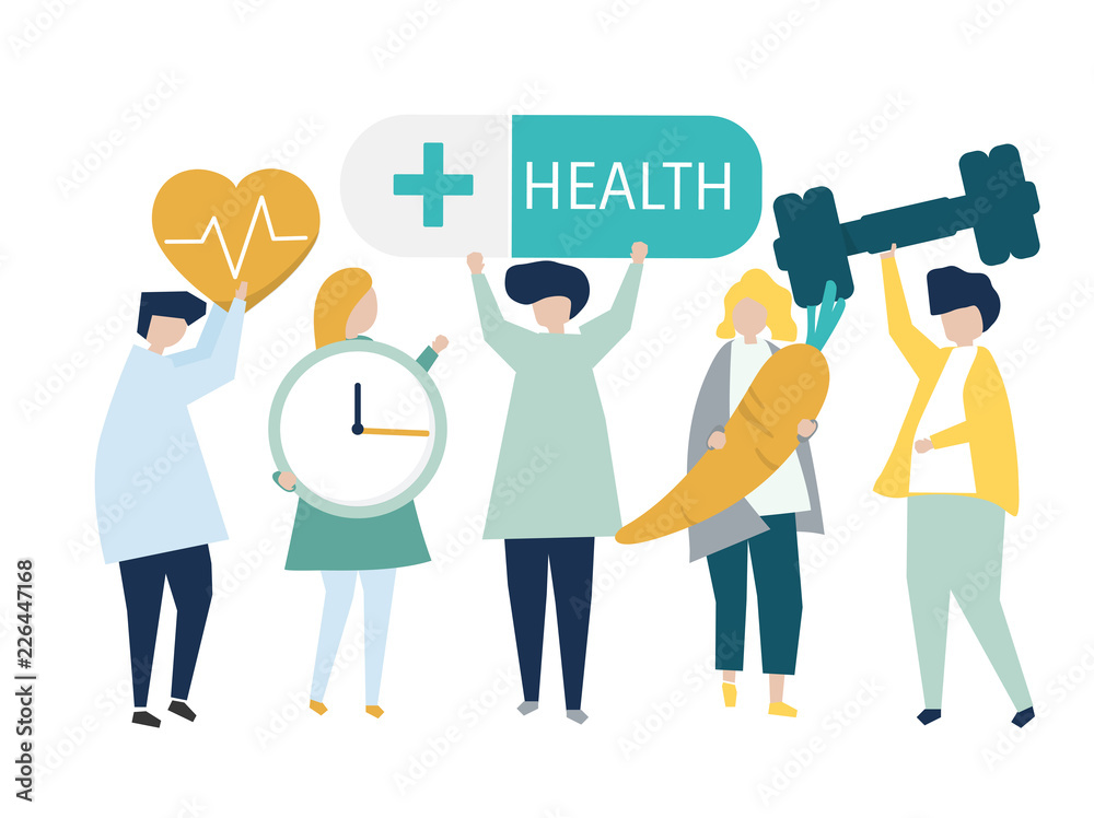 Charactes of people holding health icons illustration Charactes of people holding health icons illustration