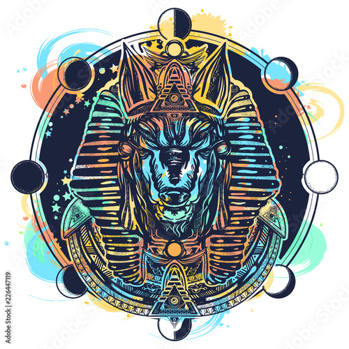 Anubis and moon phase tattoo and t-shirt design watercolor splashes style. Ancient Egypt Anubis, god of war, Golden Mask of the Pharaoh, symbol of next world, kingdom of dead