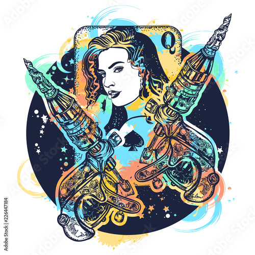 Girl and сrossed tattoo machine watercolor splashes style. Queen playing card. Tattoo salon concept