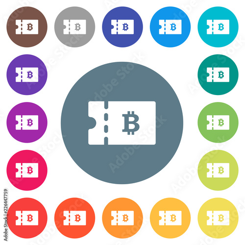 Bitcoin discount coupon flat white icons on round color backgrounds