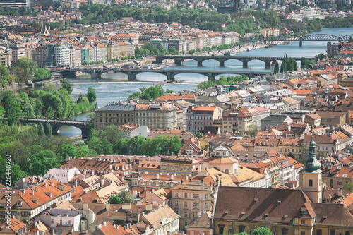 Aerial view to the beautiful historic center of Prague and Vltava river