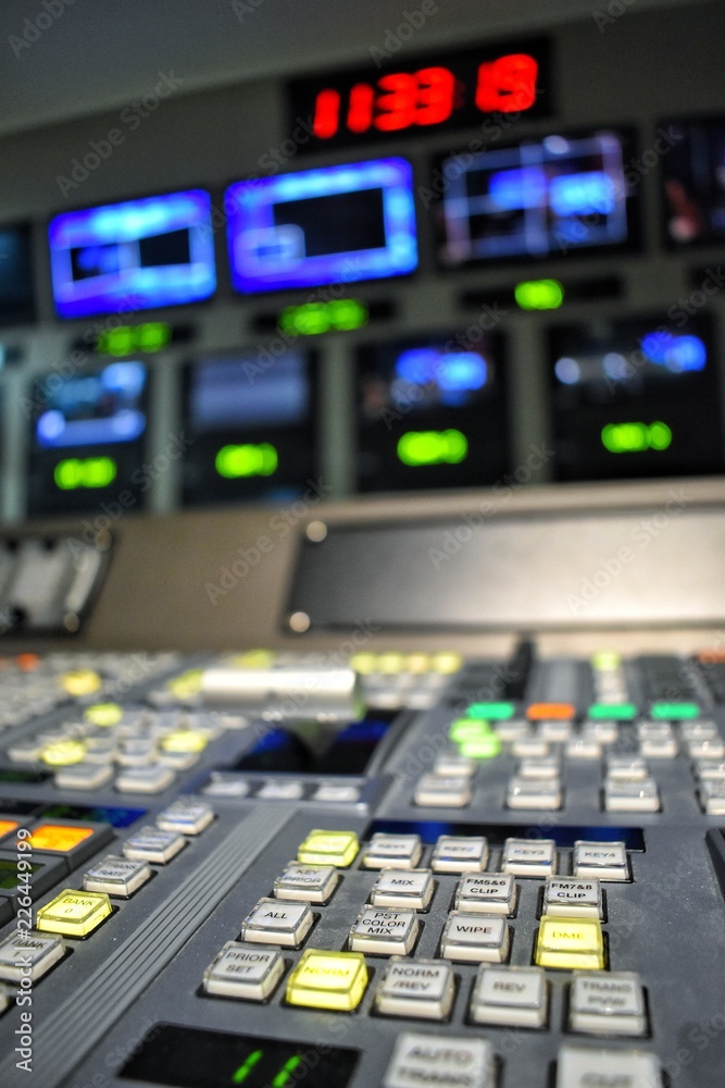 Equipment in control room for television production. Equipment in control room for television production.